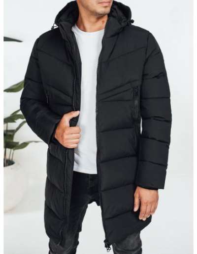 Férfi téli steppelt kabát kapucnival, fekete