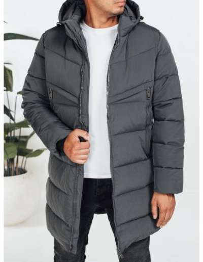 Férfi téli steppelt kabát kapucnival, sötét szürke