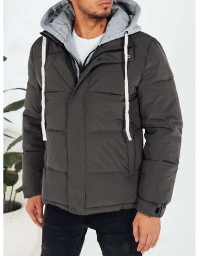 Férfi téli steppelt kabát kapucnival, sötét szürke