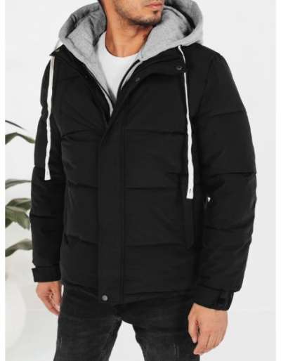 Férfi téli steppelt kabát kapucnival, fekete