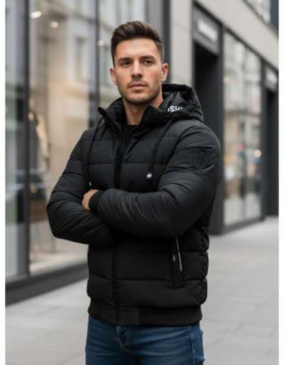 Férfi téli steppelt kabát kapucnival fekete