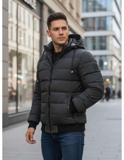 Férfi téli steppelt kabát kapucnival sötétszürke színben