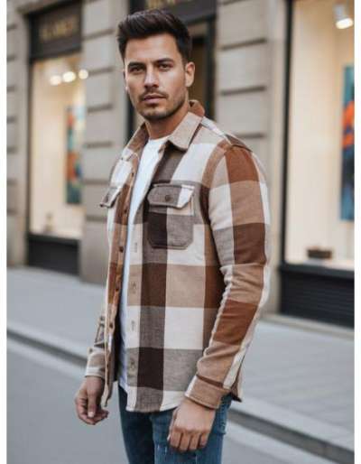 Férfi flanel ing, kamel színű kockás mintával