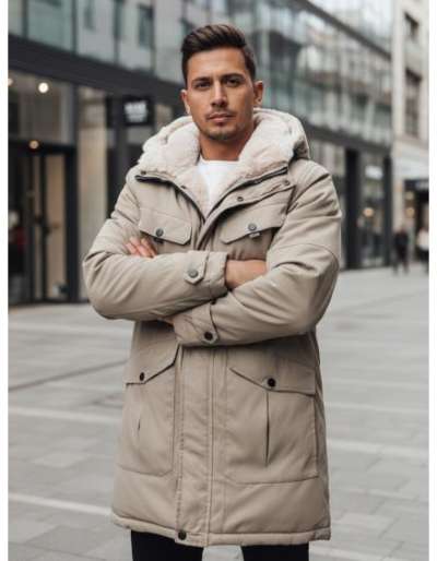 Férfi téli kabát kapucnival, bézs