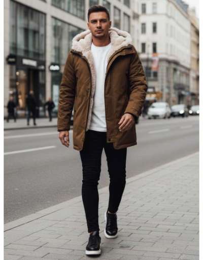 Férfi téli kabát kapucnival, sötét bézs
