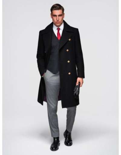 Elegáns katonai kabát férfiaknak gyapjúval – fekete V1 OM-COWC-0145