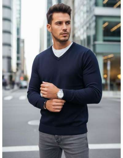 Férfi pulóver V-kivágással, sötétkék