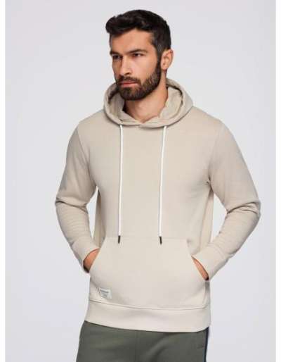 Férfi BASIC pulóver kenguru zsebbel – világos bézs V1 B1674