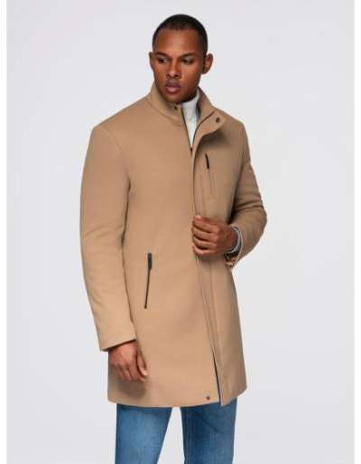 Strukturált férfi kabát magas gallérral – világosbarna V4 OM-COWC-0136