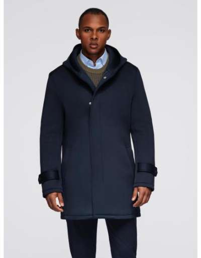 Minimalista férfi kabát közepes hosszúságú kapucnival – sötétkék V5 OM-COLC-0144