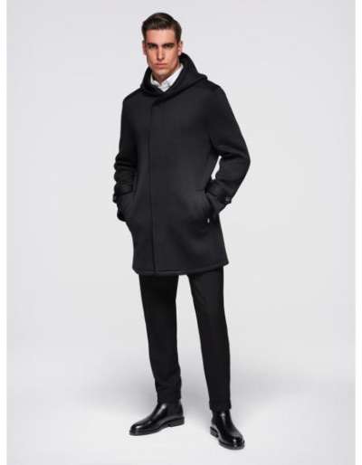 Férfi minimalista, közepes hosszúságú kabát kapucnival – fekete V4 OM-COLC-0144