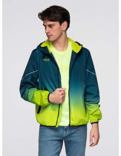 Férfi sportkabát ombré hatással, fényvisszaverő elemekkel és polár béléssel – türkiz és lime zöld V1 C641