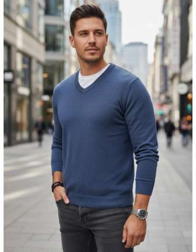 Férfi pulóver V-kivágással, kék
