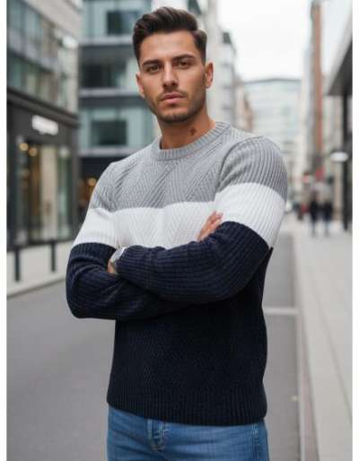 Férfi pulóver kerek kivágással, szürke és sötétkék