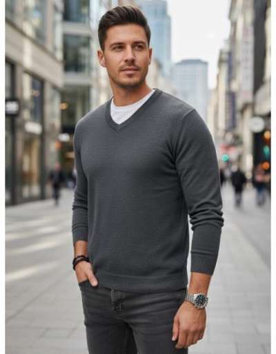 Férfi pulóver V-nyakkivágással, világosszürke