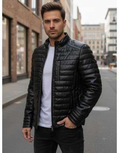 Férfi fekete műbőr téli kabát