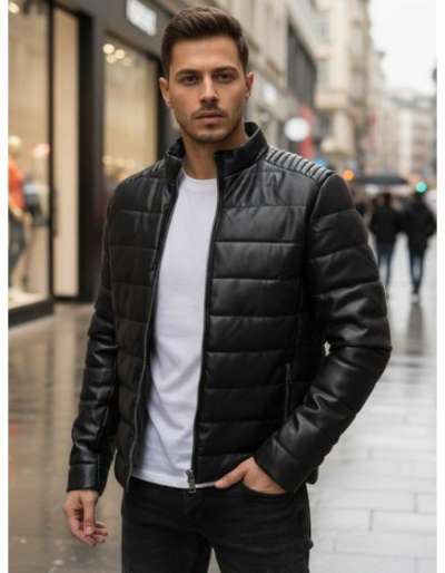 Férfi fekete steppelt műbőr téli kabát