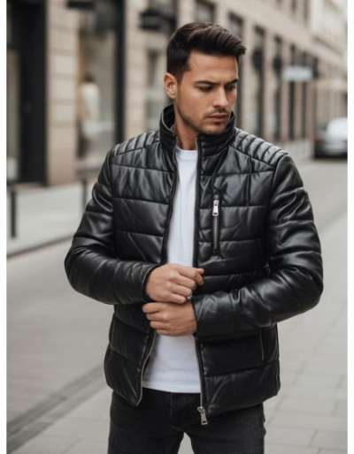 Férfi fekete melegített műbőr kabát