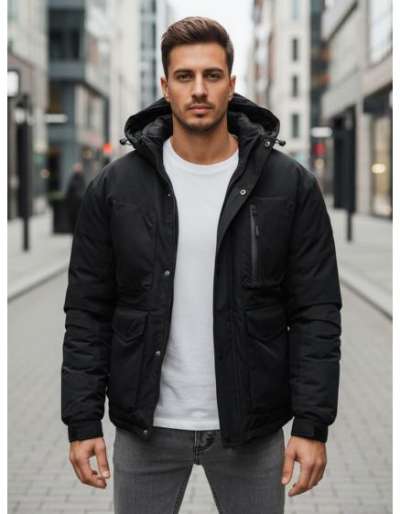 Férfi téli kabát kapucnival, fekete