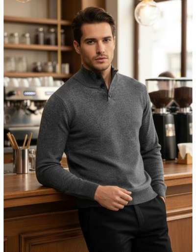 Férfi pulóver galléros, világosszürke színű