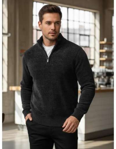 Férfi sötétkék pulóver gallérral