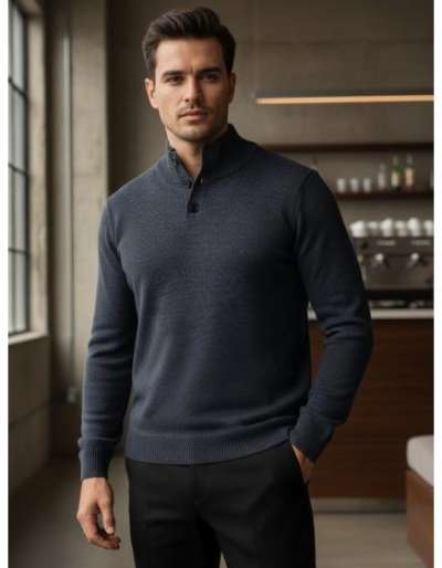 Férfi pulóver galléros, sötétkék színű