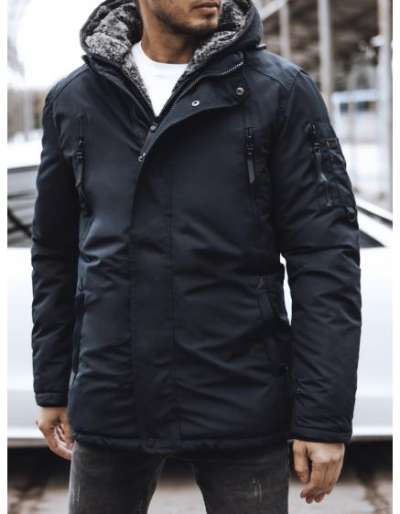 Férfi téli steppelt kabát kapucnival sötétkék