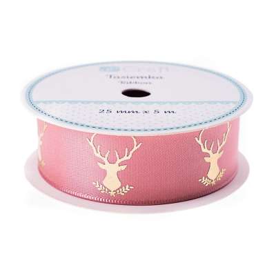 Dekorációs szatén szalag 25 mm x 5 m  | Frosty Pink - Deer (karácsonyi)