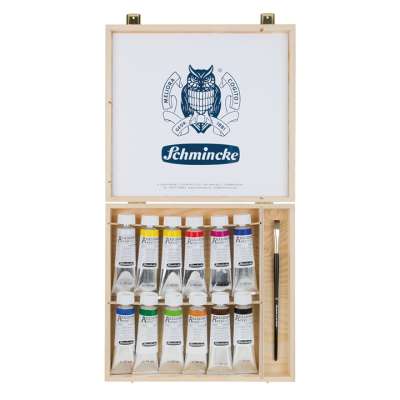 Akrilfesték készlet ecsettel fadobozban Schmincke AKADEMIE 12 x 60 ml