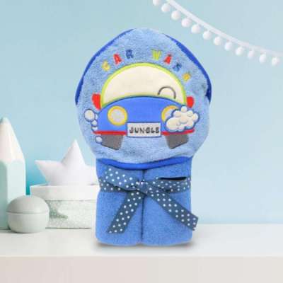 Autó mintás kék baba törölköző/ kifogó - 76x76cm