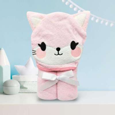 Cica mintás rózsaszín baba törölköző/ kifogó - 76x76cm