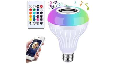 RGB LED izzó beépített Bluetooth hangszóróval és távirányítóval, E27 foglalat,