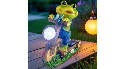 Napelemes béka kerti dekoráció LED lámpással - kerti szobor teraszra, kertbe