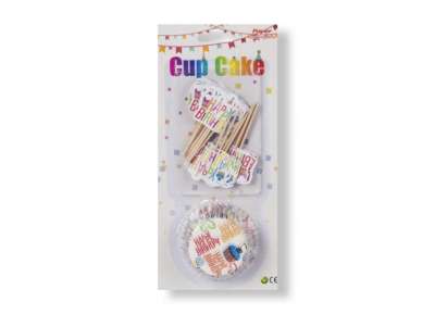 24 db-os fehér alapon színes Happy Birthday feliratos muffin papír szett díszítő pálcikával