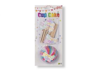 24 db-os színes csíkos Happy Birthday muffin papír szett díszítő pálcikával