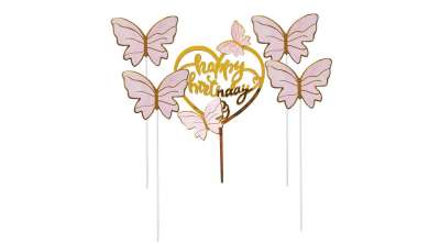 Happy Birthday tortadísz beszúró rózsaszín pillangós 