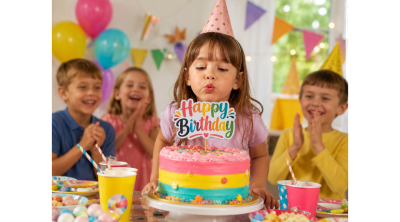 Vidám színes Happy Birthday beszúró tortadísz