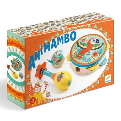 Állatos színes hangszerkészlet - Dob, csörgő, kasztanyetta - Animambo - Set of 3 instruments: Tambourine, maracas, castanet - Djeco 