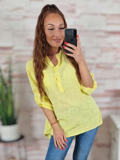 Hátul hosszított, roll-up ujjú, len anyagú felső M-L-XL