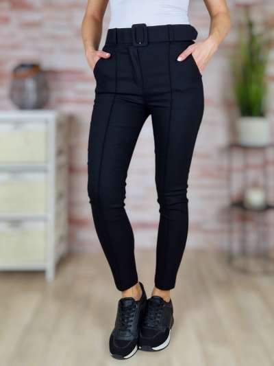 Széles öves, zsebes, magas derekú, fekete nadrág S-L-ig