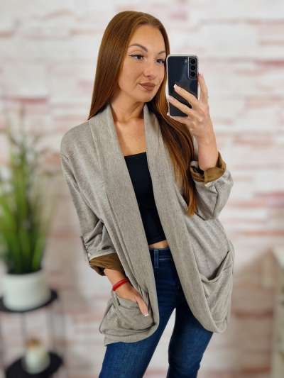 Roll-up ujjú, nyitott, zsebes kardigán L-XL (vastagabb anyag)