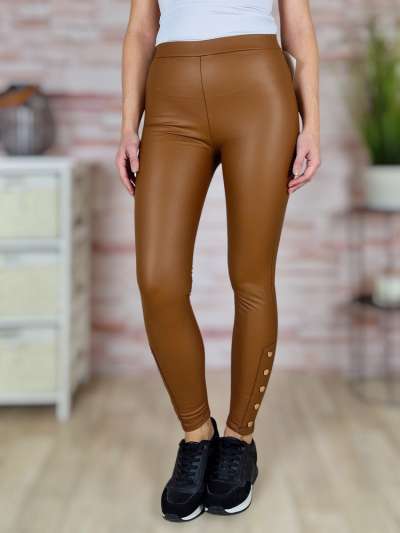 Díszgombos, bélelt, gumis derekú, műbőr leggings S-M, M-L