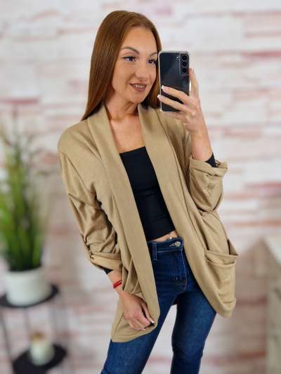 Roll-up ujjú, nyitott, zsebes kardigán L-XL (vastagabb anyag)