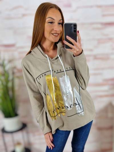 Kapucnis, mikroplüss anyagú, ejtett vállú pulóver M-L-XL