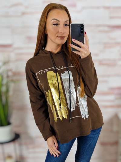 Kapucnis, mikroplüss anyagú, ejtett vállú pulóver M-L-XL