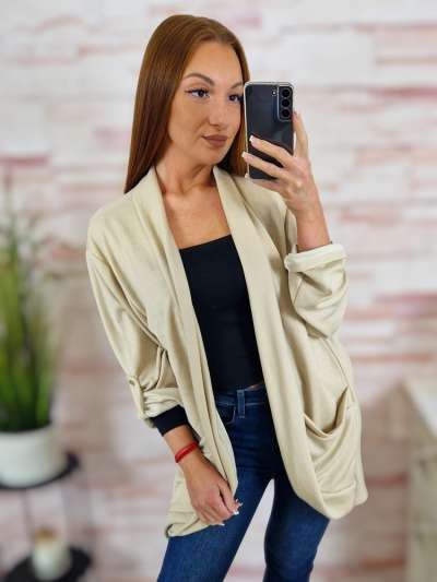 Roll-up ujjú, nyitott, zsebes kardigán L-XL (vastagabb anyag)