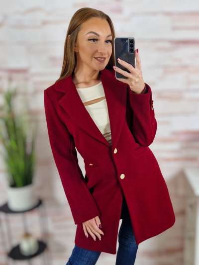 Gombos, selyem bélésű, karcsúsított bordó kabát S-XL-ig