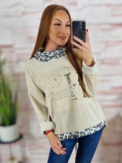 Garbós nyakú, hátul hosszított, bársonyos anyagú pulóver L-XL