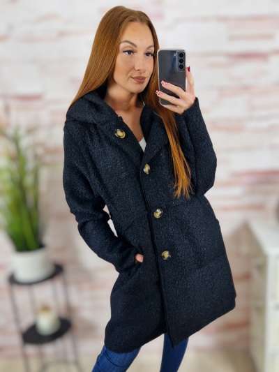 Kapucnis, gombos, zsebes, fekete kabát M-L-XL