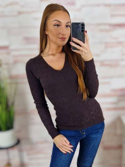 Anyagában csavart mintás, v nyakú, gépi kötött anyagú felső XS-S-M